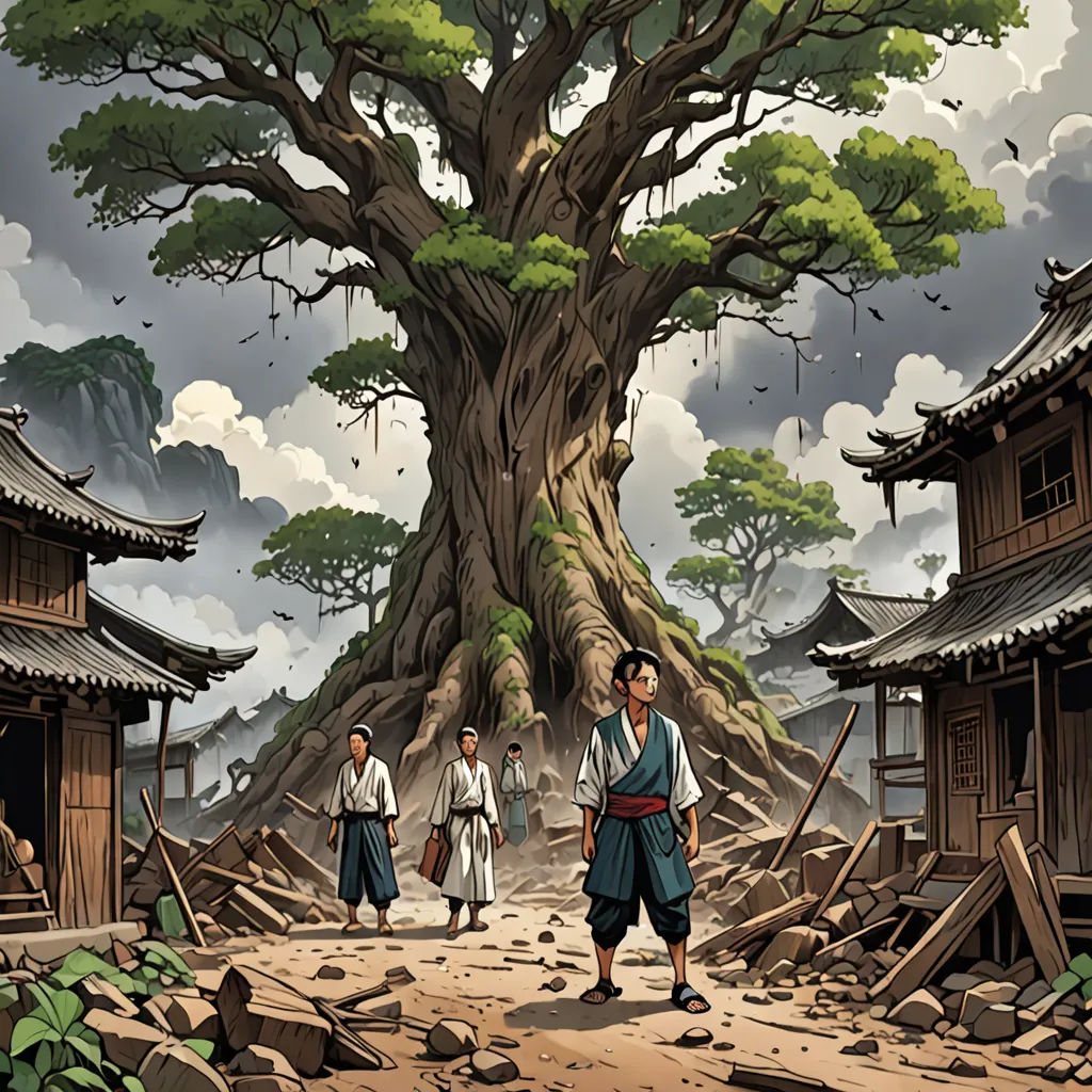 a painting of a man walking in front of a tree with two men standing in front of it and a man in a white shirt and blue pants, fantasy art, a comic book panel, Baiōken Eishun, yusuke murata