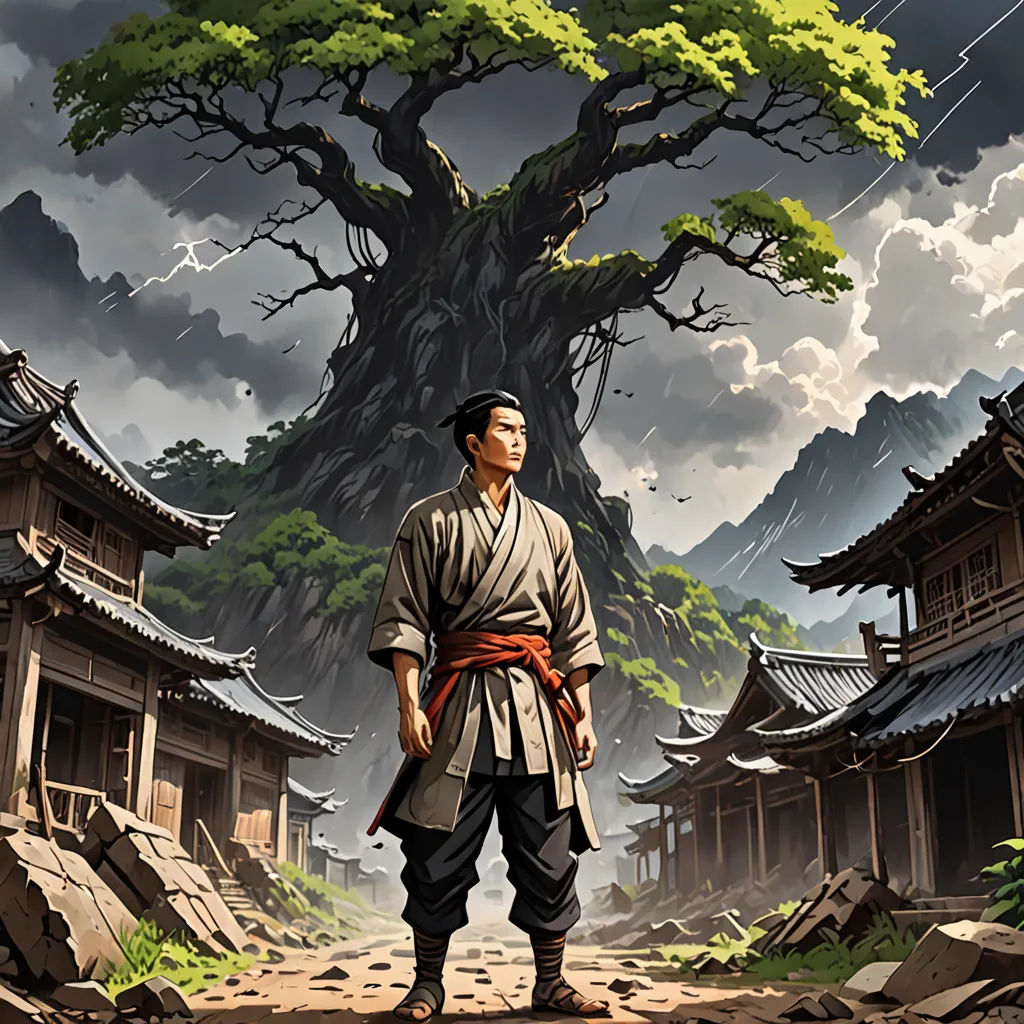 a man standing in front of a tree in a village with mountains in the background and a sky with clouds, altermodern, a detailed matte painting, Clint Cearley, magic the gathering artwork