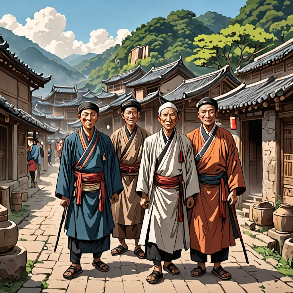 a group of asian men standing next to each other on a street near mountains and trees in the background, ukiyo-e, a detailed matte painting, Christophe Vacher, highly detailed digital painting