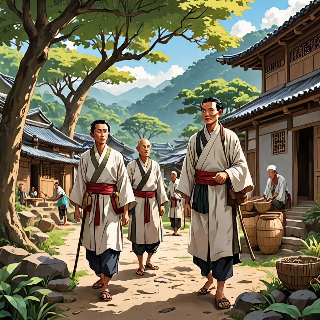 a painting of two men walking down a path in a village with a tree and mountains in the background, ukiyo-e, a storybook illustration, Byeon Sang-byeok, official art