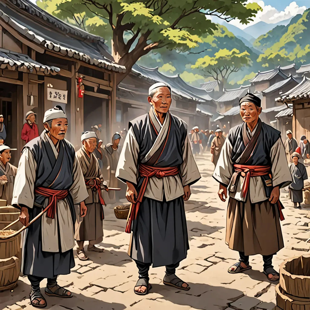 a painting of a group of people standing in front of a building with a tree in the background and a mountain in the background, ukiyo-e, a storybook illustration, Byeon Sang-byeok, official art