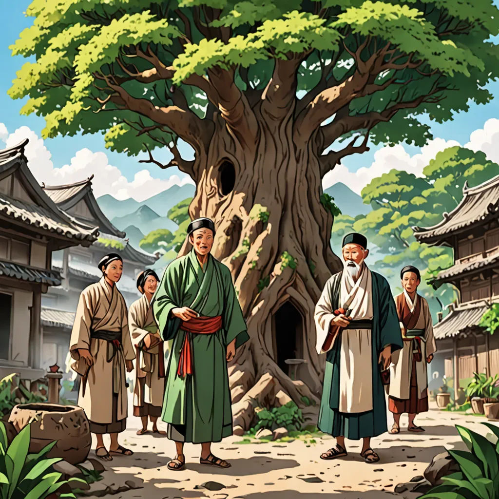 a group of people standing around a tree in a village with a sky background and a large tree in the middle, sōsaku hanga, a storybook illustration, Baiōken Eishun, official art