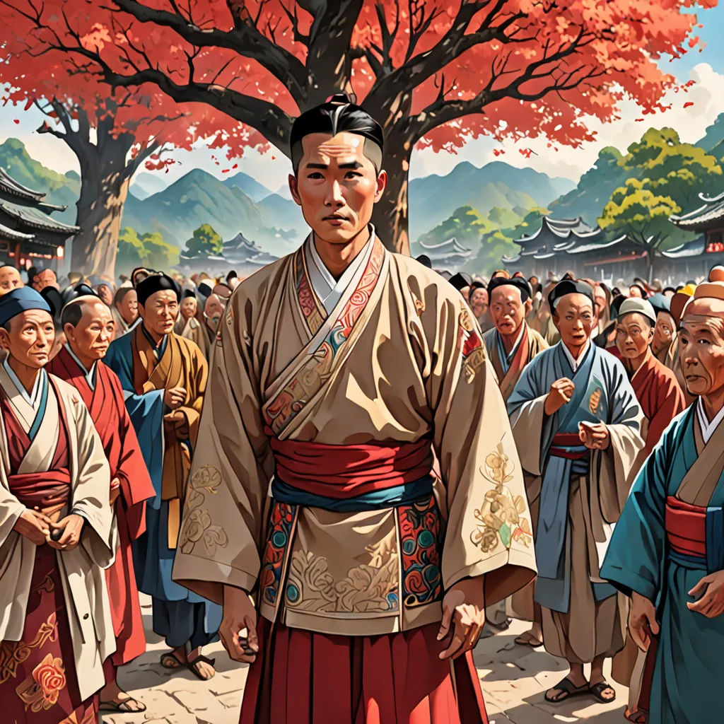 a painting of a man in a traditional chinese costume standing in front of a crowd of people under a tree, fantastic realism, a detailed matte painting, Emperor Huizong of Song, official art