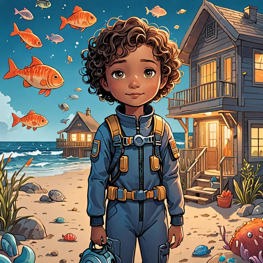 a boy in a diving suit standing in front of a house with fish on the beach and a fish bowl, space art, a storybook illustration, Aaron Jasinski, comic cover art