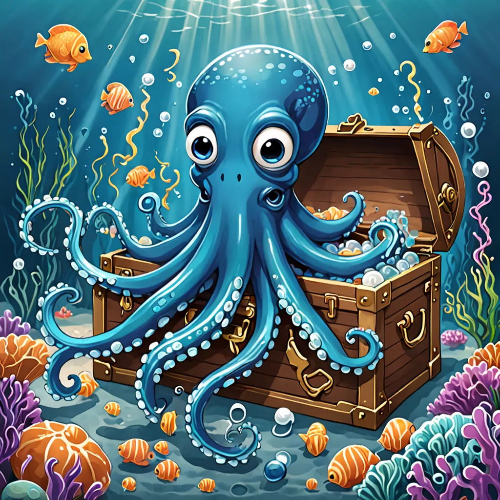 an octopus is sitting in a chest under the sea water and fish are swimming around it, and it is a cartoon character, pop surrealism, a storybook illustration, Cyril Rolando, octopus