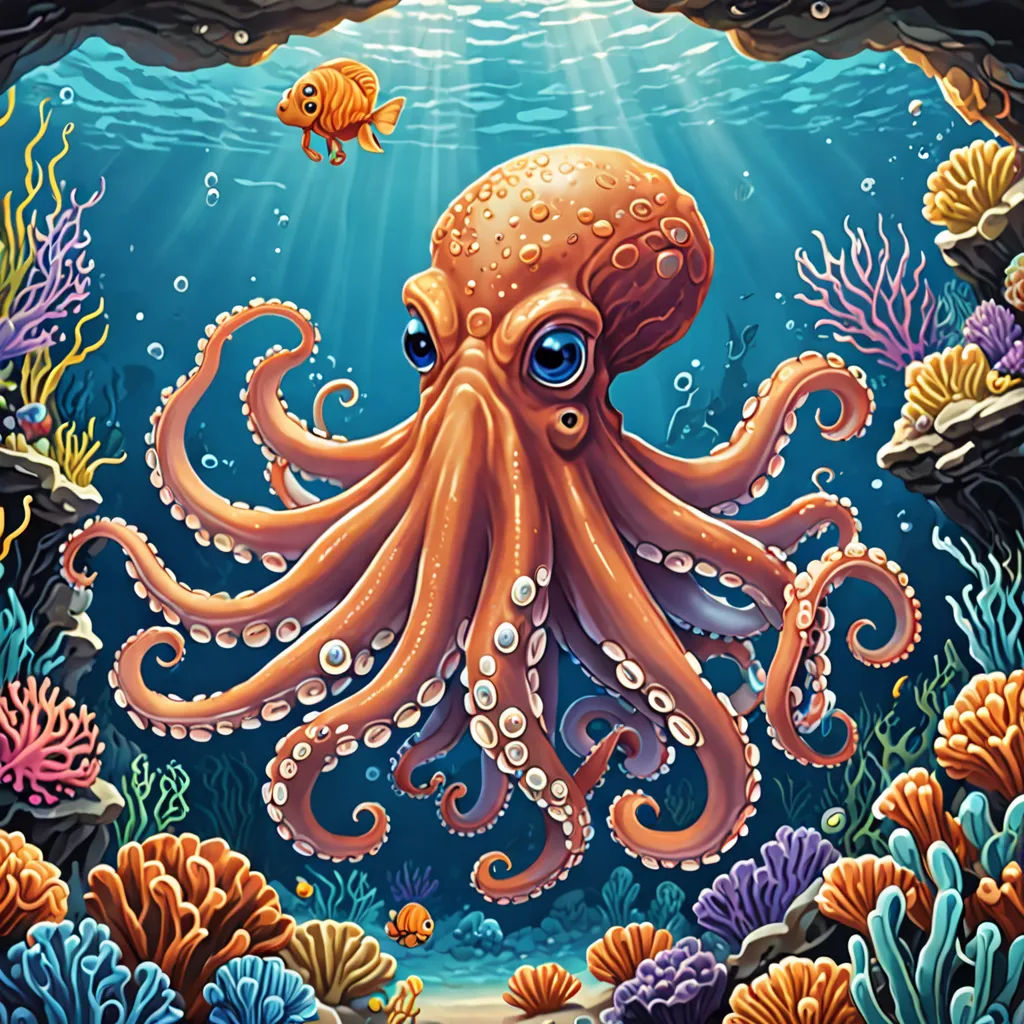 an octopus is swimming in the ocean with a fish and corals around it, and a fish is swimming in the water, fantasy art, a digital painting, Dan Mumford, highly detailed digital painting