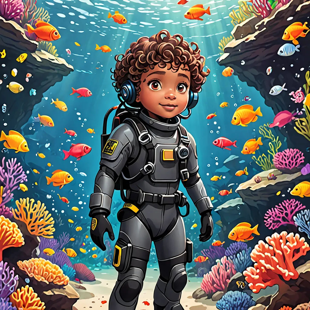 a boy in a diving suit standing in a coral reef with fish and corals around him, in a cartoon style, afrofuturism, a storybook illustration, Cliff Childs, promotional image