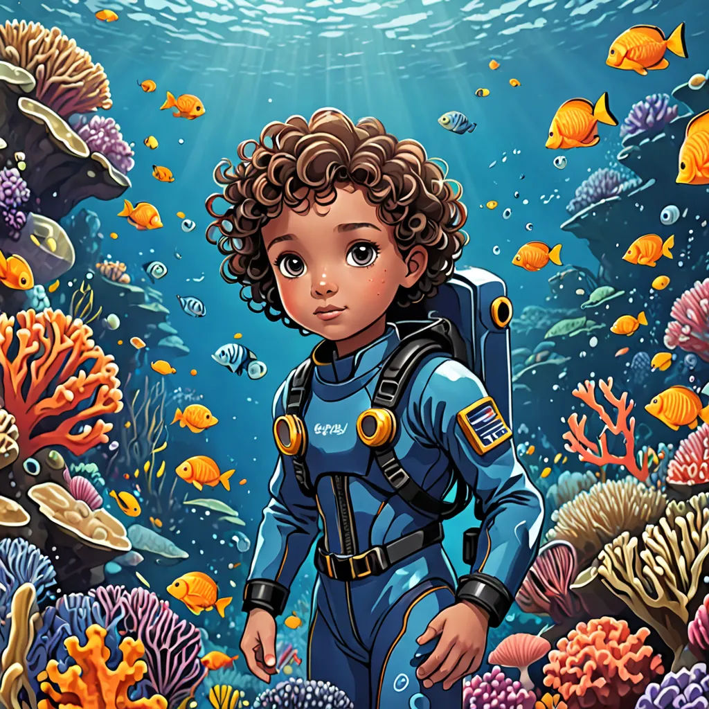 a painting of a young boy in a diving suit surrounded by corals and fish in the ocean with a scuba suit on, space art, a storybook illustration, Cliff Childs, highly detailed digital painting