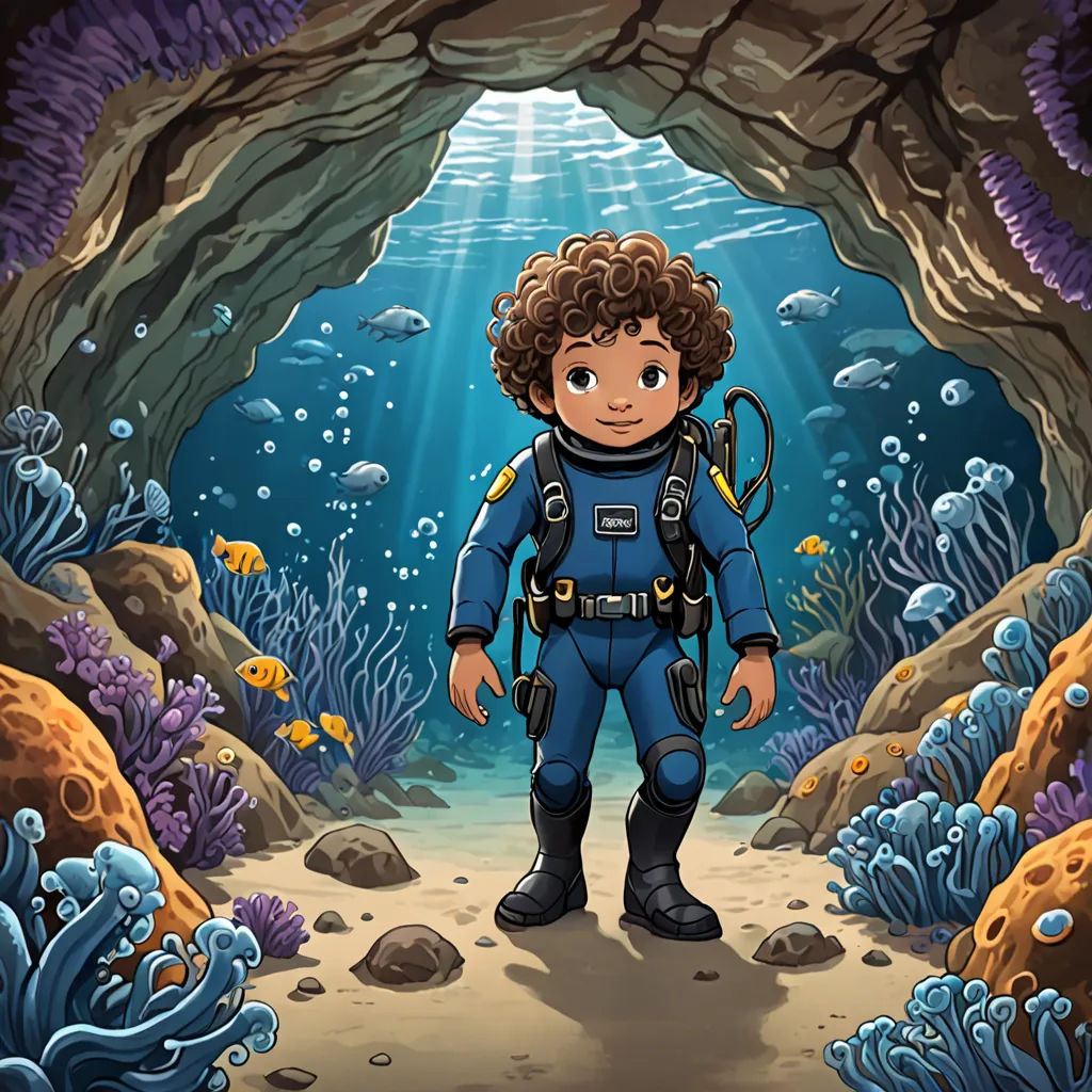 a boy in a diving suit standing in a cave with corals and fish around him illustration by alex krawc, digital art, a storybook illustration, Cliff Childs, promotional image