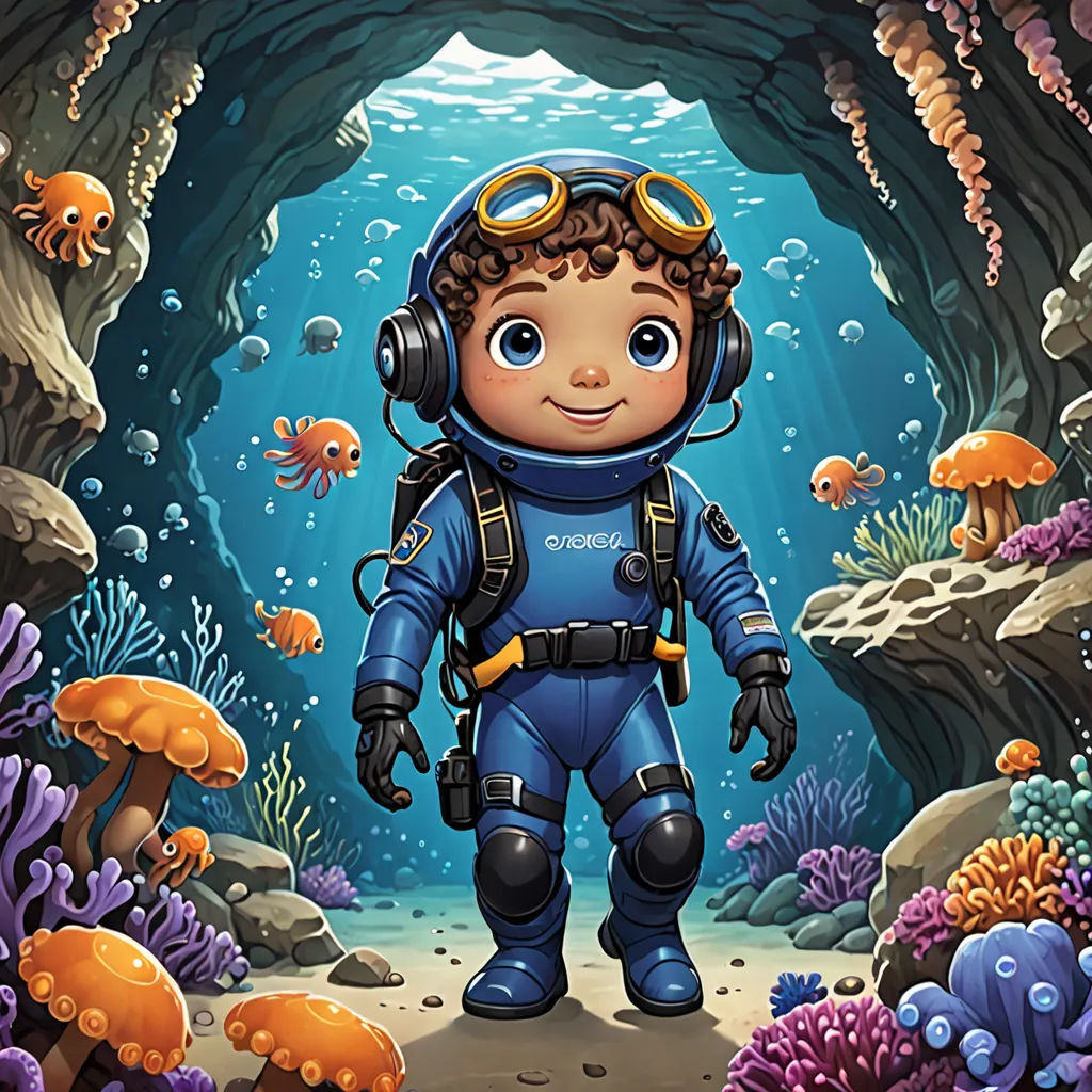 a cartoon boy in a diving suit standing in a cave with an octopus and other sea creatures around him, computer art, a storybook illustration, Cliff Childs, promotional image