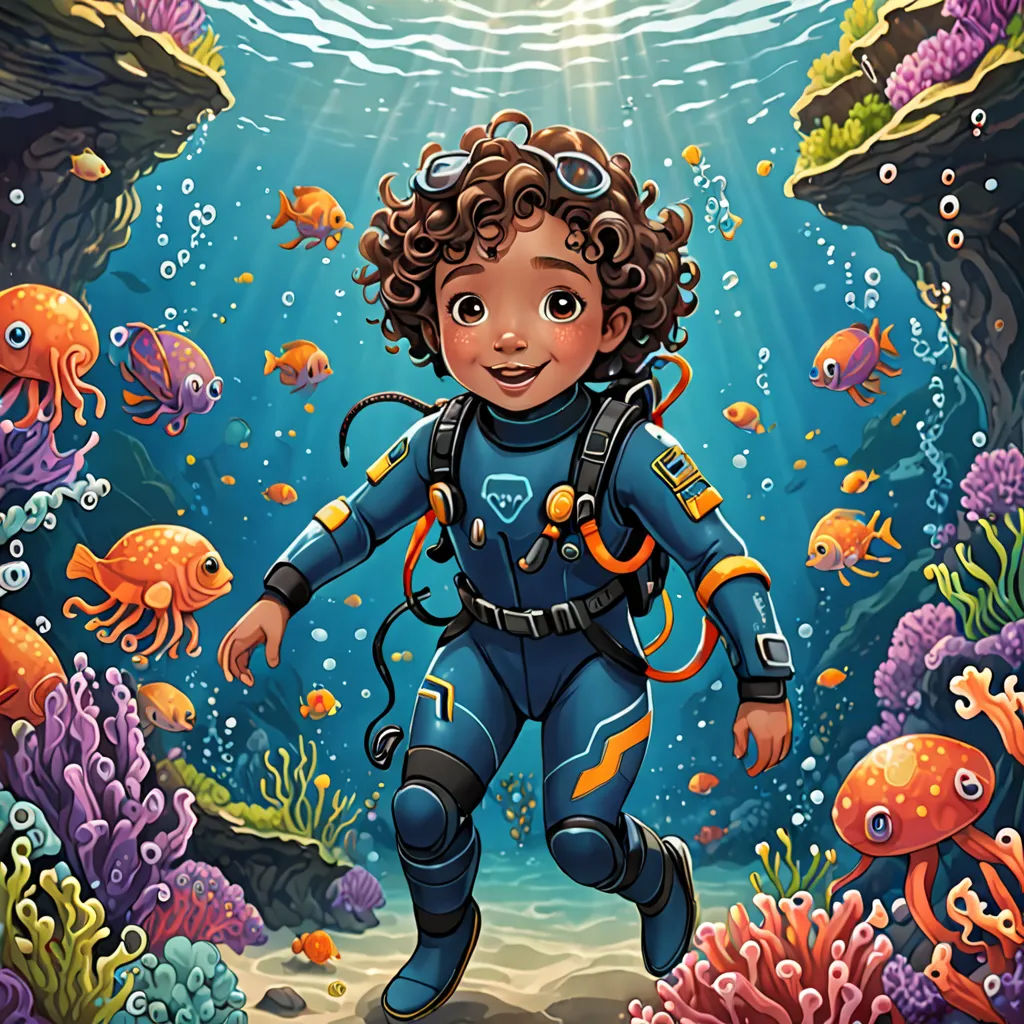 a boy in a diving suit is surrounded by fish and corals in the ocean with a scuba mask on, space art, a storybook illustration, Cliff Childs, key art