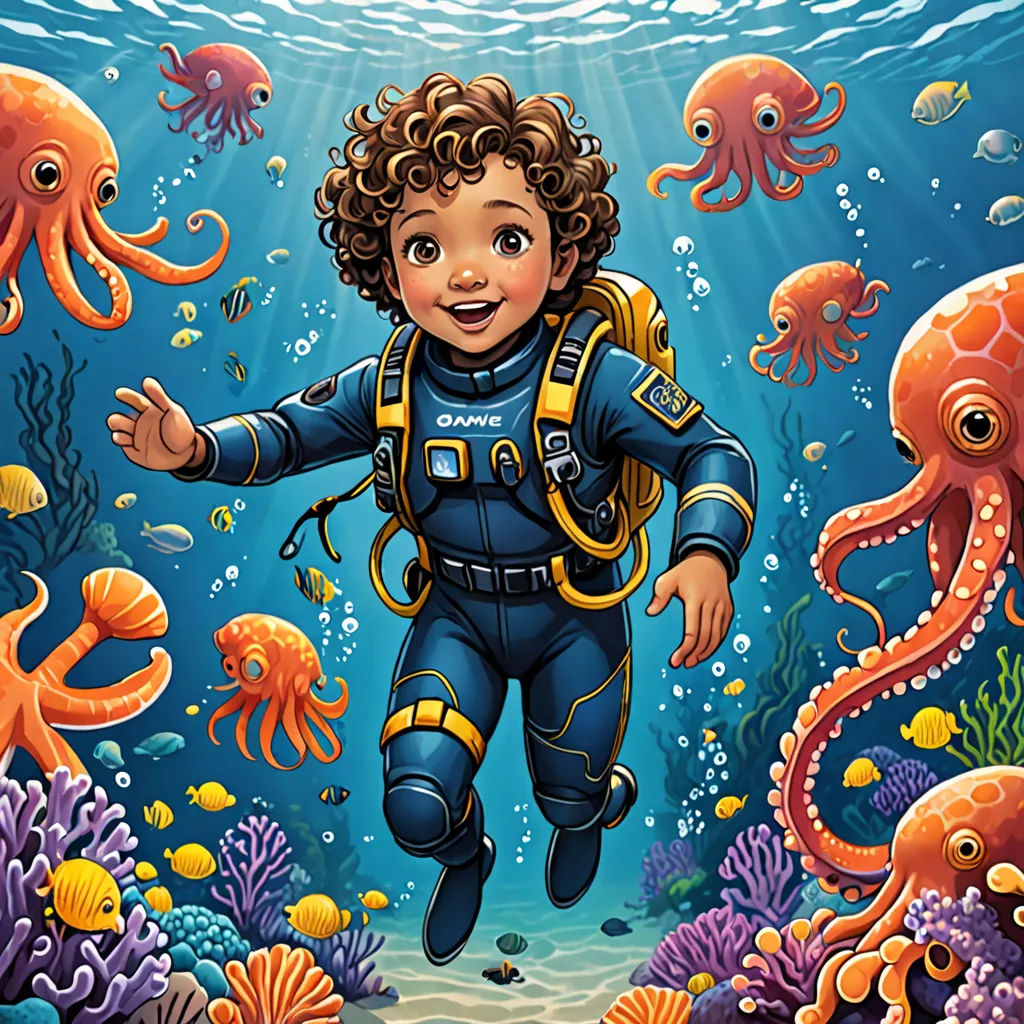 a boy in a diving suit is surrounded by sea creatures and corals, with a scuba diver in the background, space art, a storybook illustration, Cliff Childs, highly detailed digital painting