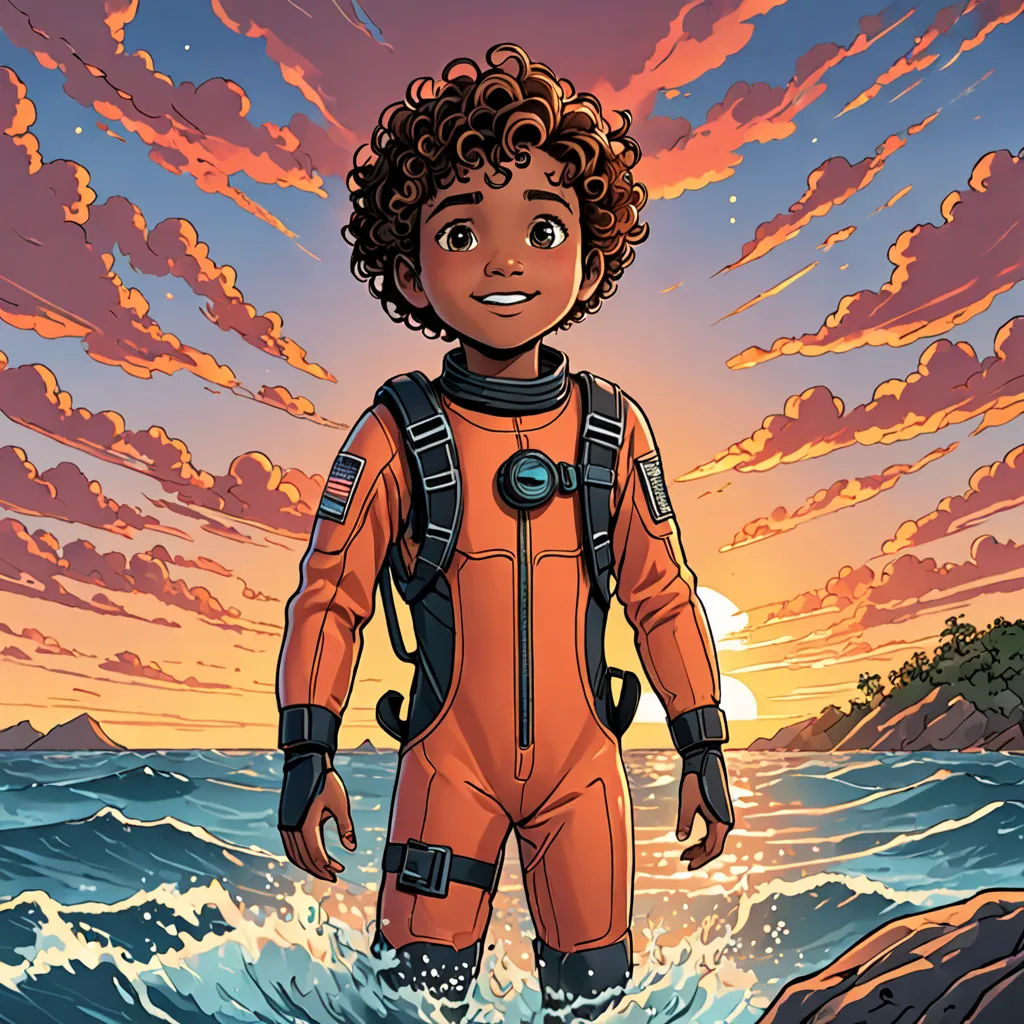 a cartoon of a boy in a diving suit standing in the ocean at sunset with a sunset in the background, space art, a comic book panel, Cliff Childs, comic cover art
