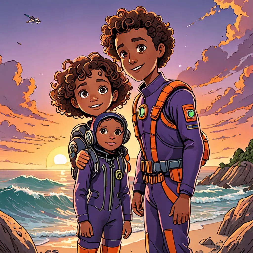 a man and a woman in space suits standing on a beach with a child in front of them and a sunset in the background, afrofuturism, a comic book panel, Cliff Childs, comic cover art