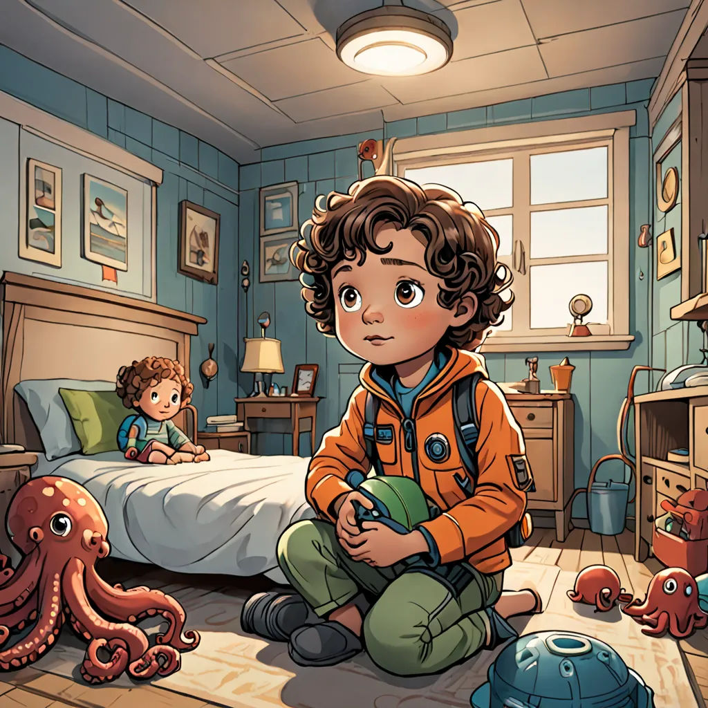 a boy sitting on the floor in a bedroom with an octopus and a baby in the corner of the room, space art, a storybook illustration, Diego Gisbert Llorens, storybook illustration