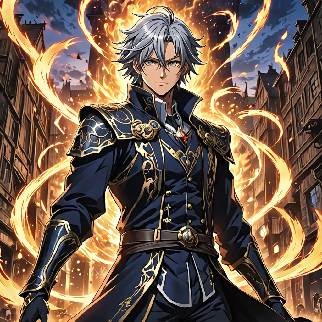 a man in a blue suit with a sword in his hand and flames in the background, with buildings and buildings in the foreground, rayonism, an album cover, Alvan Fisher, official art