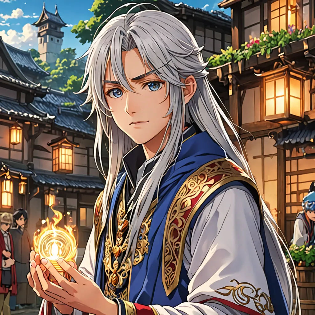 a man in a white wig holding a glowing item in his hands in front of a building with people standing around, fantasy art, concept art, An Gyeon, official art