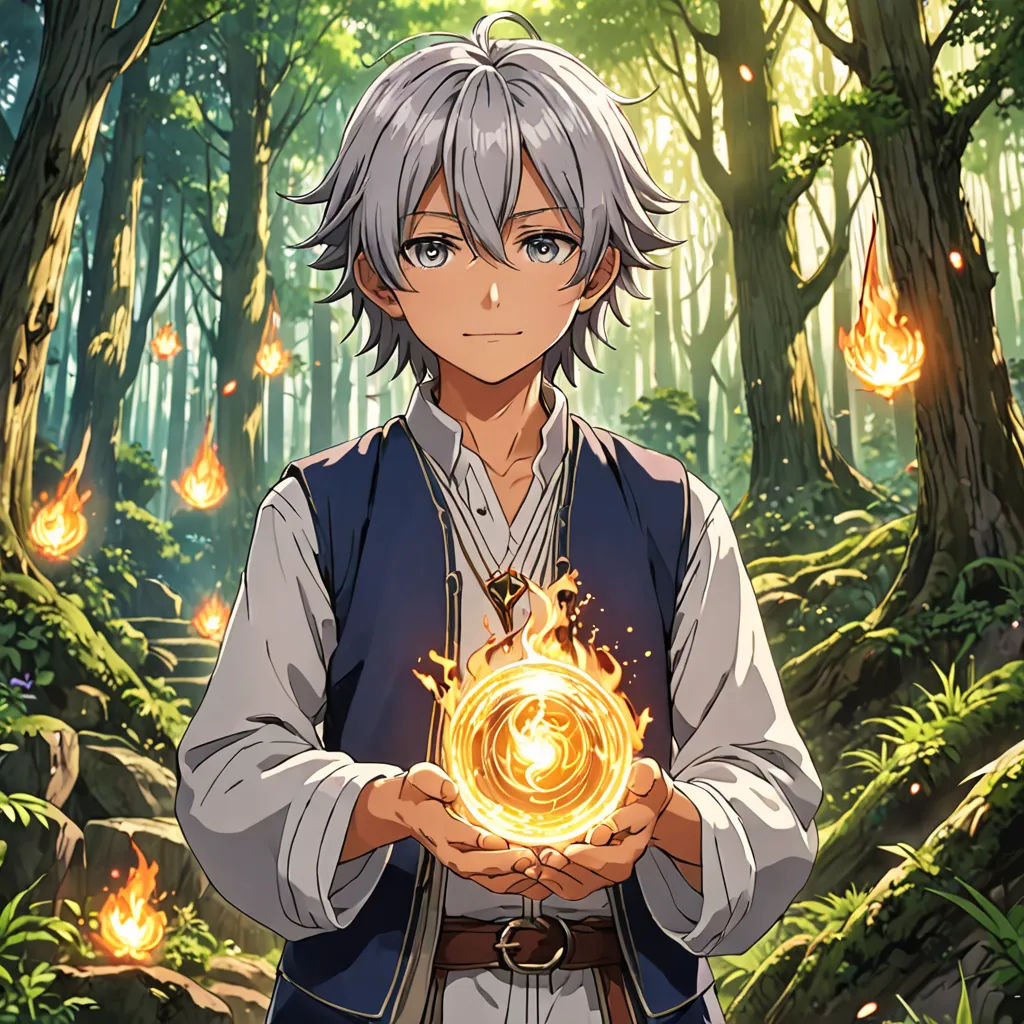 a man holding a glowing orb in a forest with trees and fireballs in the background, with a man in a vest and vest holding a glowing orb in his hands, fantasy art, concept art, Ai-Mitsu, official art
