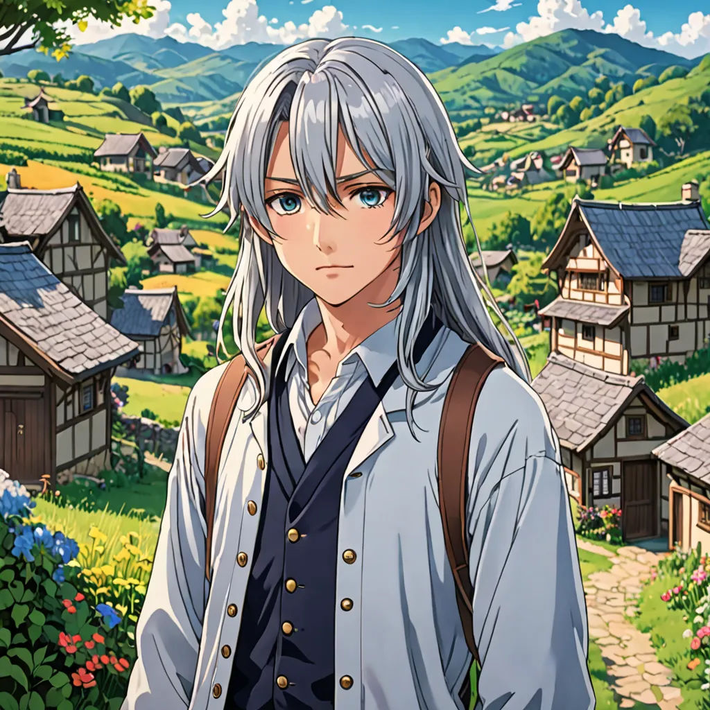 a man with long gray hair and a backpack standing in front of a village with flowers and trees on the hillside, aestheticism, a detailed matte painting, Edmond Xavier Kapp, official art