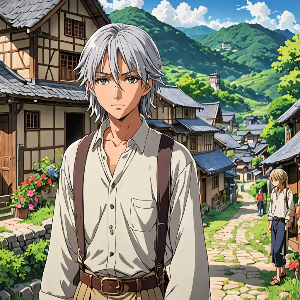 a man with a backpack standing in front of a village with people walking around him and a woman standing on the side of the road, visual art, a character portrait, Cedric Seaut (Keos Masons), official art