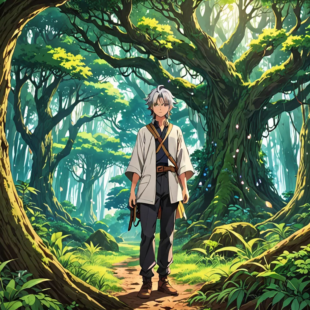 a man in a forest with a sword in his hand and a tree in the background with a man in a white shirt, magical realism, poster art, Aya Goda, official art