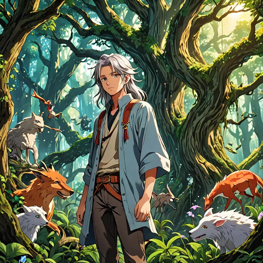 a man standing in the middle of a forest with animals around him and a forest full of trees and animals, fantasy art, concept art, Cliff Childs, official art