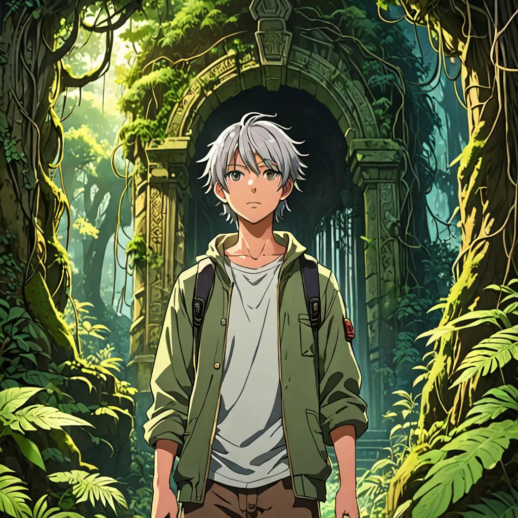 a man standing in front of a forest with a backpack on his back and a forest background with a tunnel, visual art, poster art, Aya Goda, anime key visual