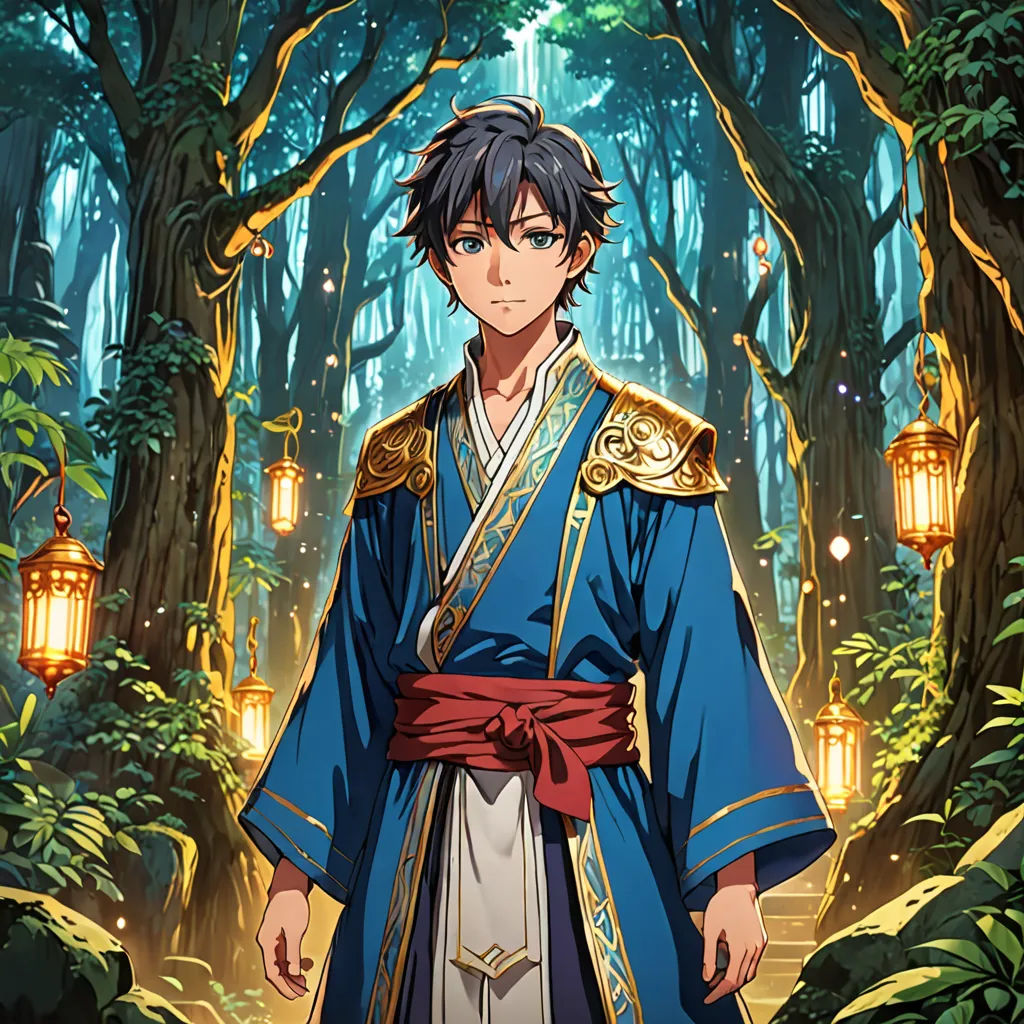 a man in a blue and gold outfit standing in a forest with lanterns hanging from the trees behind him, magical realism, a character portrait, Ai-Mitsu, official art