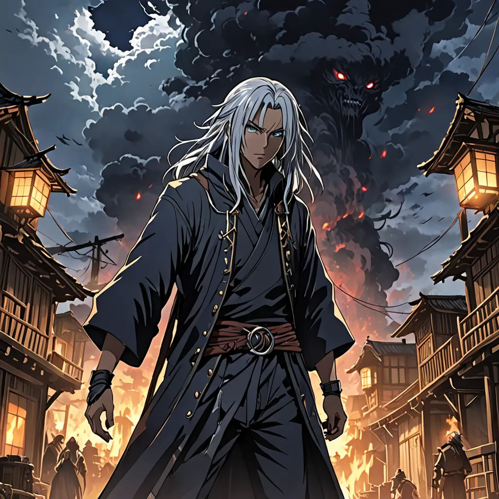 a man in a black outfit standing in front of a city with a sky background and a cloud of smoke, rayonism, poster art, Baiōken Eishun, official art