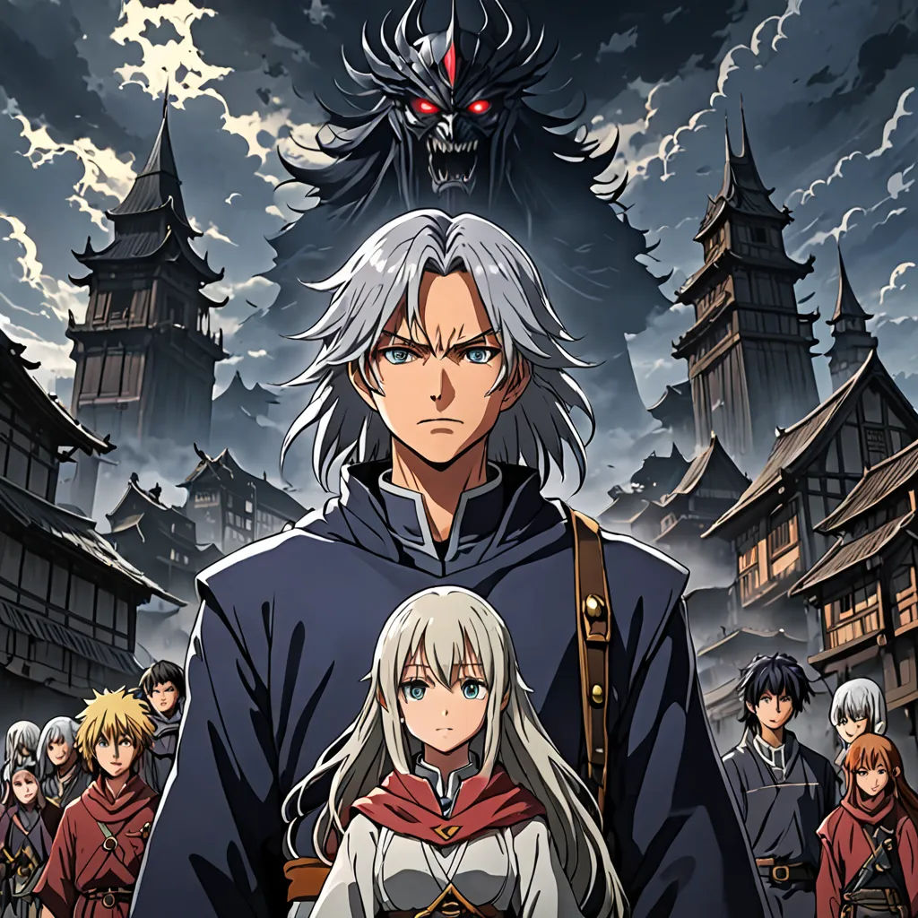 a group of people standing in front of a castle with a demon on it's head and a demon on the back of the head, rayonism, poster art, Baiōken Eishun, official art