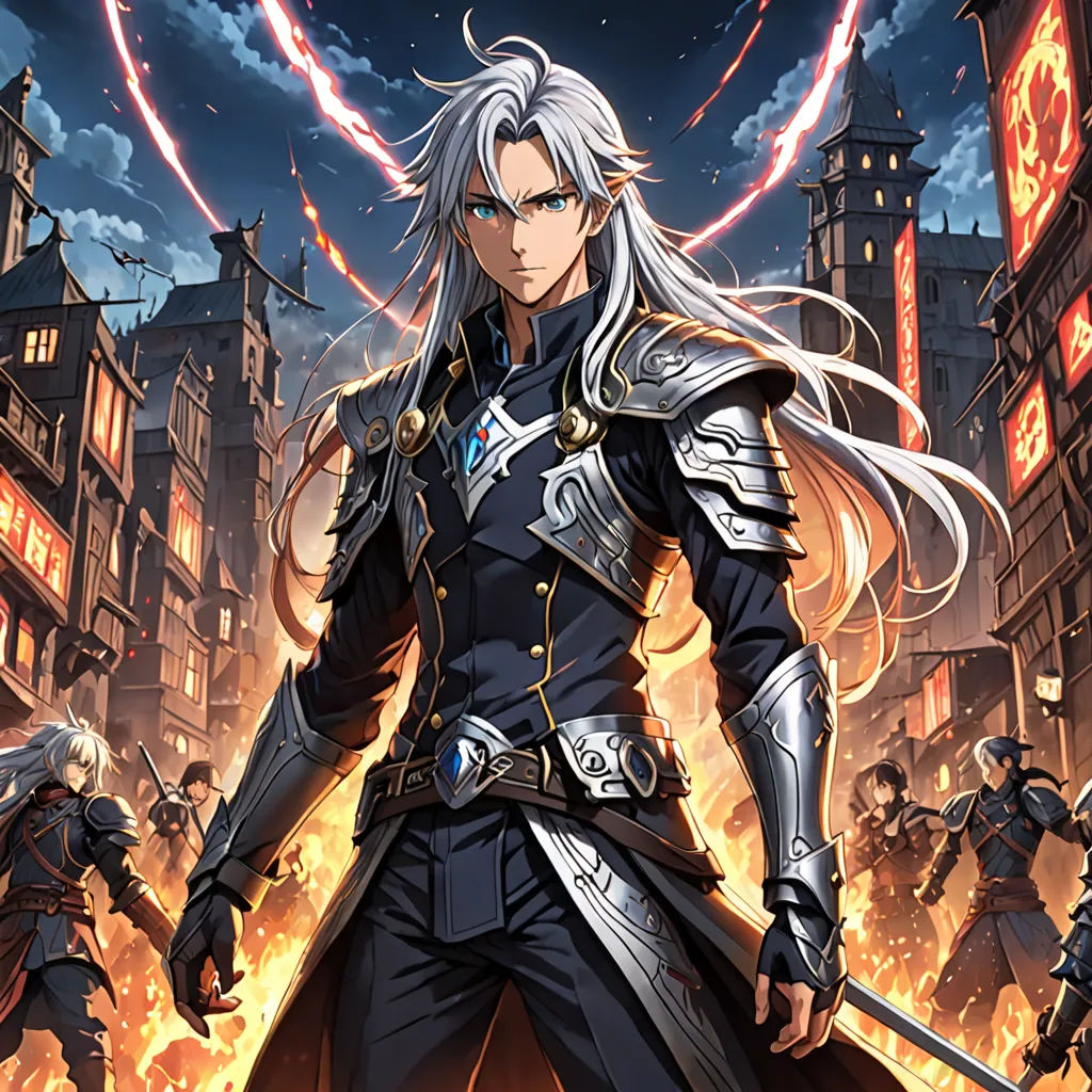 a man in a black outfit standing in front of a fire filled city with buildings and a sword in his hand, sots art, concept art, Cedric Seaut (Keos Masons), official art