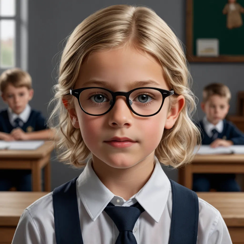 a young girl wearing glasses and a tie in front of a classroom full of children with desks and desks, photorealism, a photorealistic painting, Daniel Lieske, highly detailed digital painting