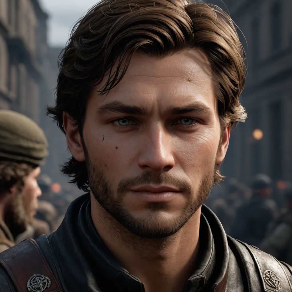 a man with a beard and a leather jacket on in a city street with other men in the background, photorealism, computer graphics, Cedric Seaut (Keos Masons), unreal engine highly rendered