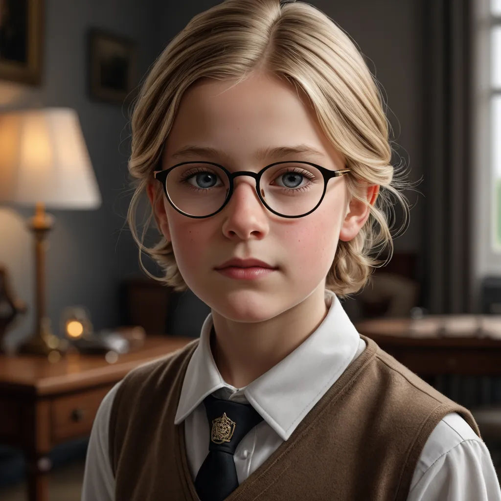 a young girl wearing glasses and a vest and tie in a room with a desk and lamp on it, photorealism, a photorealistic painting, Christian Hilfgott Brand, ultra realistic digital art