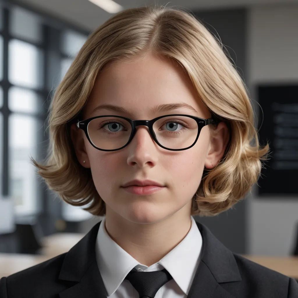 a woman wearing glasses and a suit in an office setting with a window in the background and a desk in the foreground, purism, a computer rendering, Christian Hilfgott Brand, zeiss lens