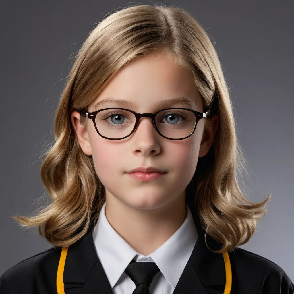 a young girl wearing glasses and a tie with a black shirt and yellow trim around the neck and neck, heidelberg school, a character portrait, Claire Falkenstein, kai carpenter