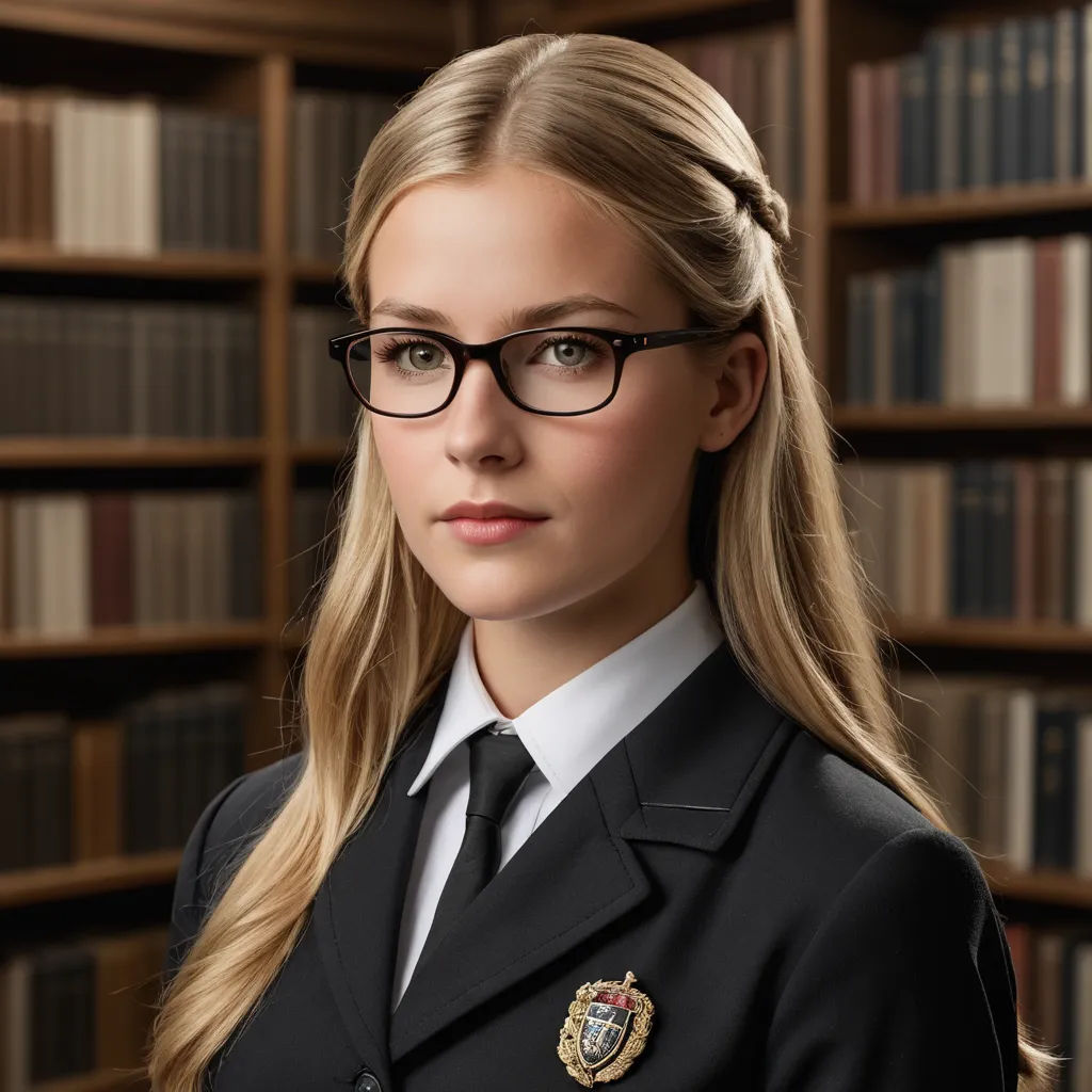 a woman in a uniform standing in front of a bookcase with glasses on her face and a badge on her lap, purism, a character portrait, Emma Geary, glasses