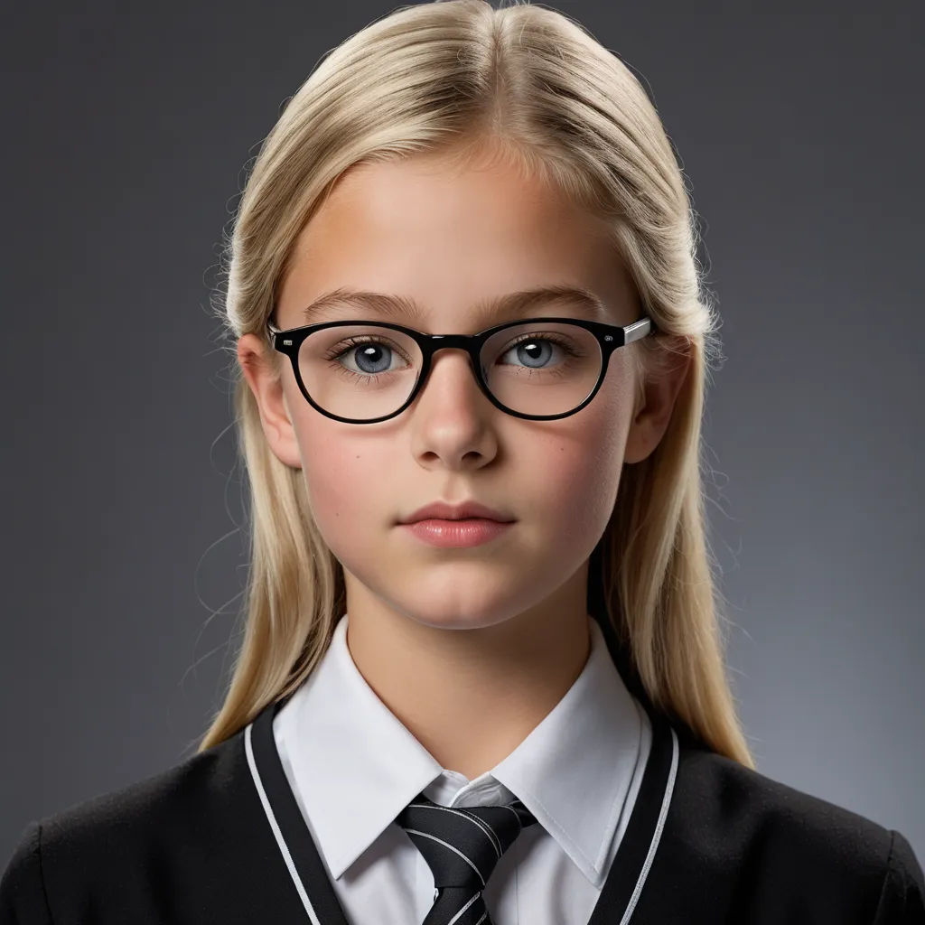a young girl wearing glasses and a tie with a black jacket and white shirt and black and white striped tie, heidelberg school, a character portrait, Christian Hilfgott Brand, glasses