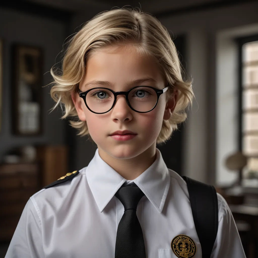 a young boy wearing glasses and a uniform with a badge on it's chest and a tie on his chest, heidelberg school, a character portrait, Daniel Lieske, kai carpenter