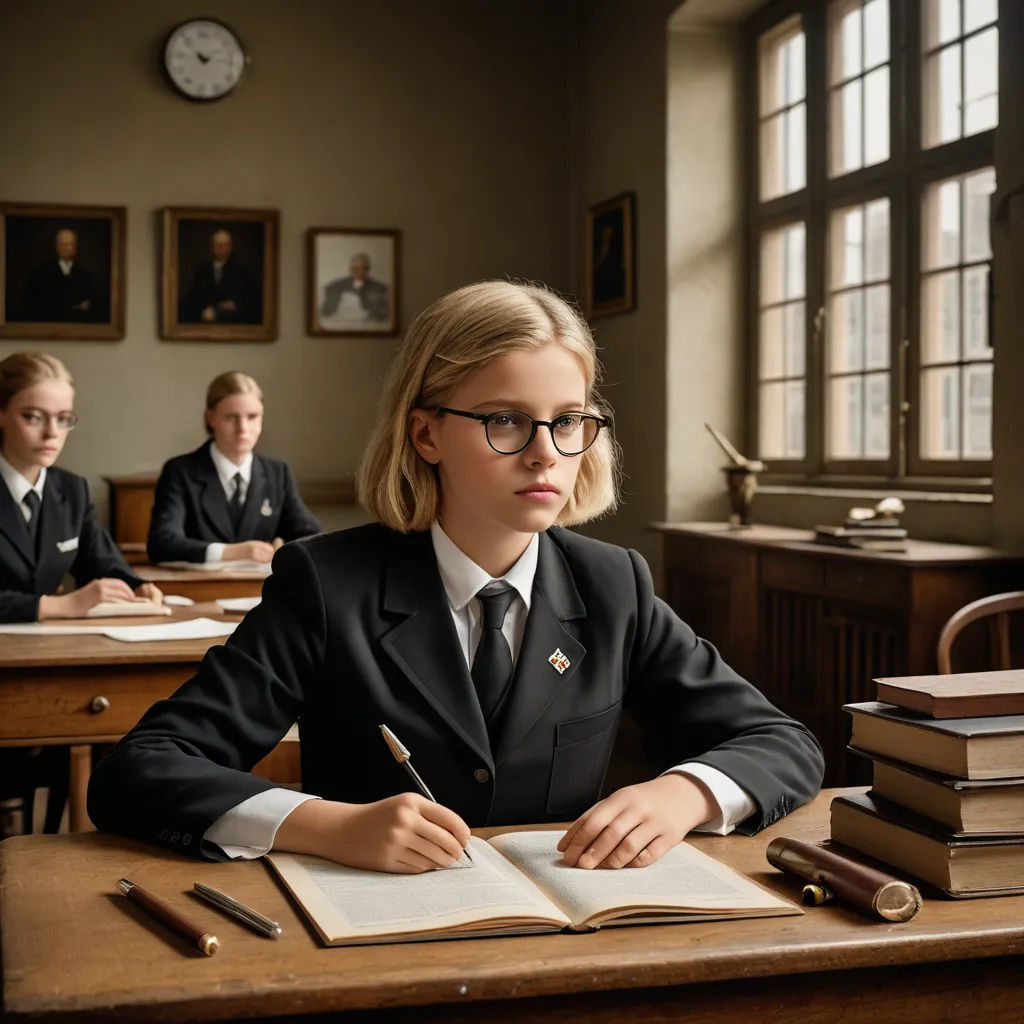 a girl in a suit and glasses sitting at a desk with books and a pen in front of her, heidelberg school, a character portrait, Artur Tarnowski, promotional image
