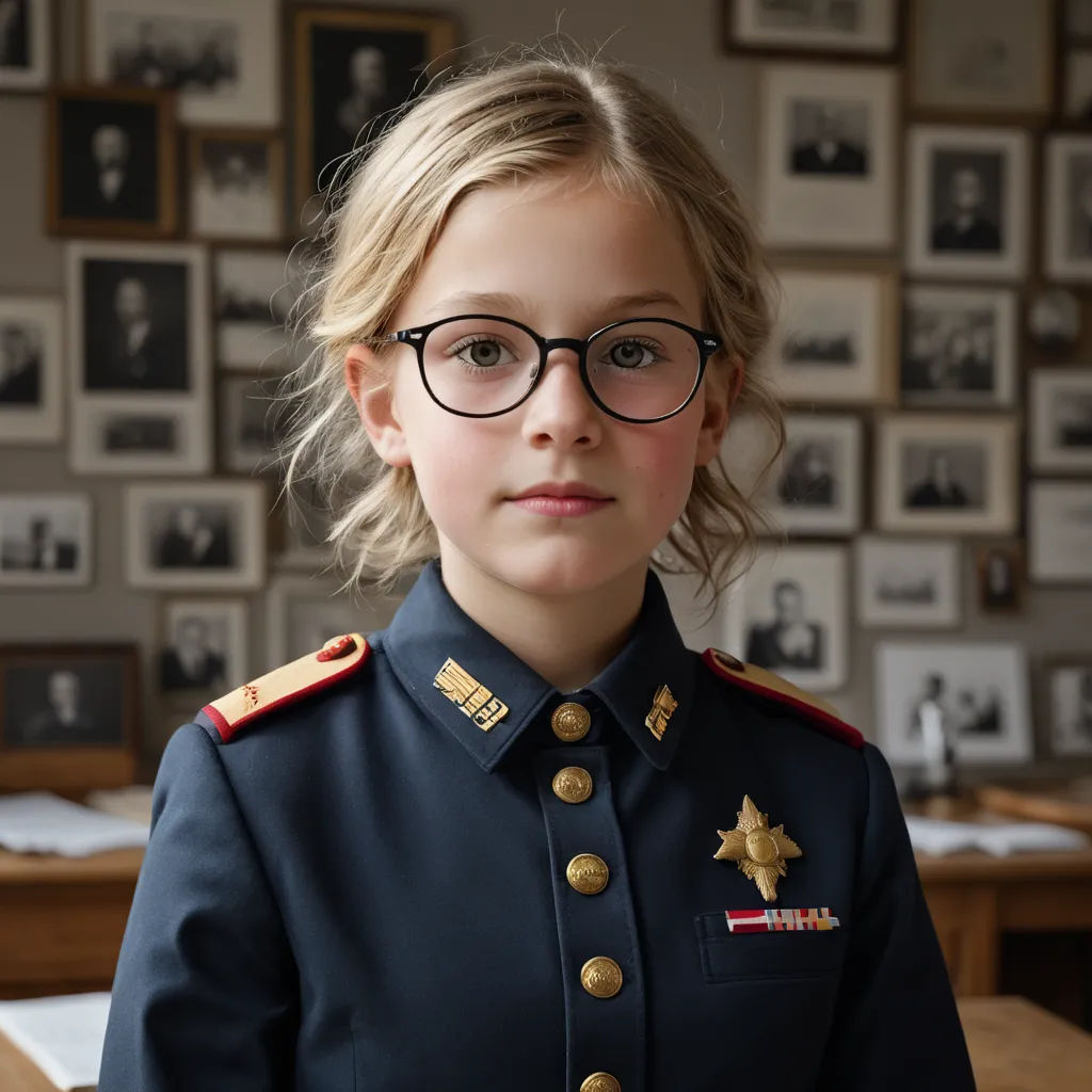 a young girl in a uniform and glasses posing for a picture in front of a wall of framed photos, de stijl, a character portrait, Carl Gustaf Pilo, professional photo
