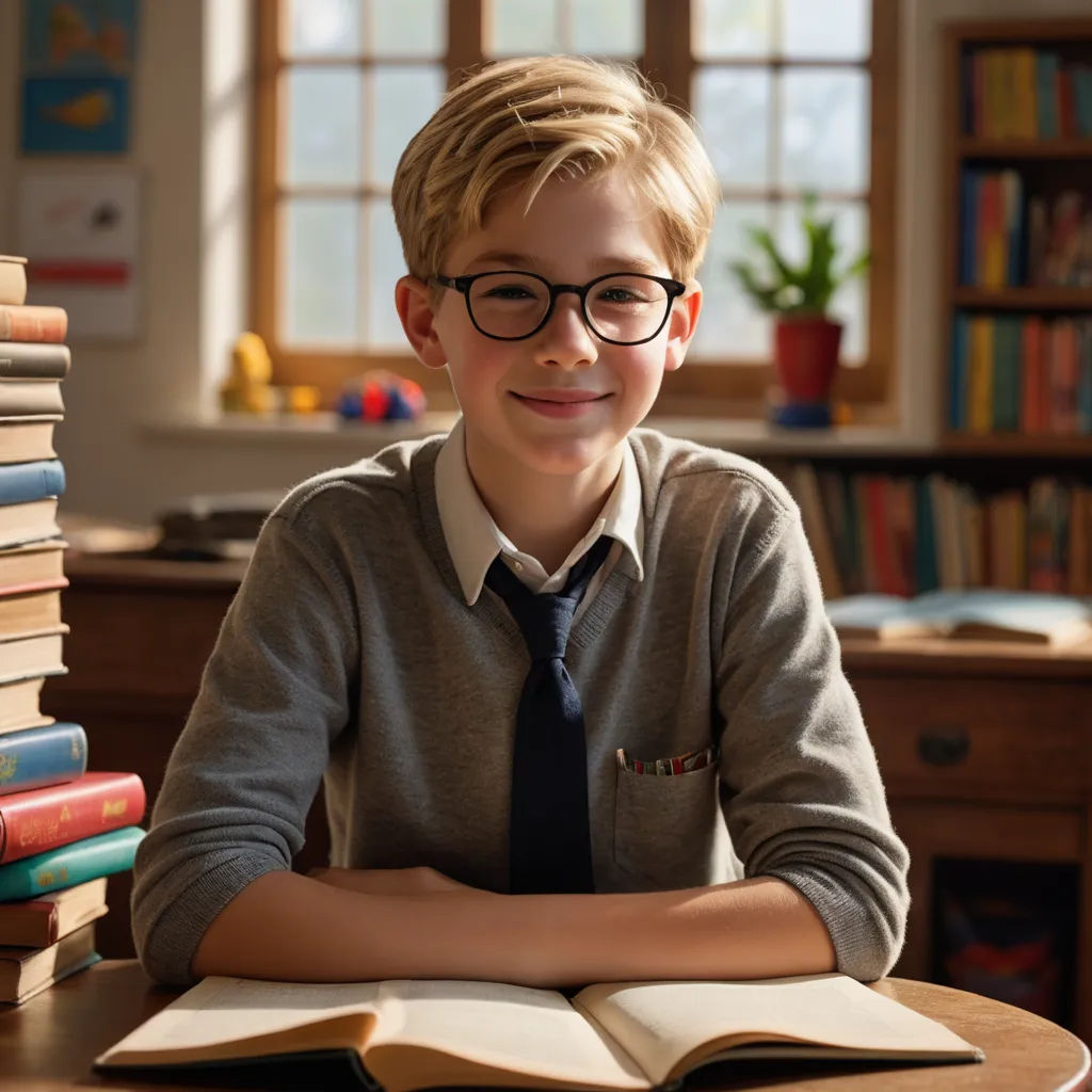 a boy sitting at a table with a book and a stack of books behind him in front of him, heidelberg school, a character portrait, Caspar Wolf, kai carpenter
