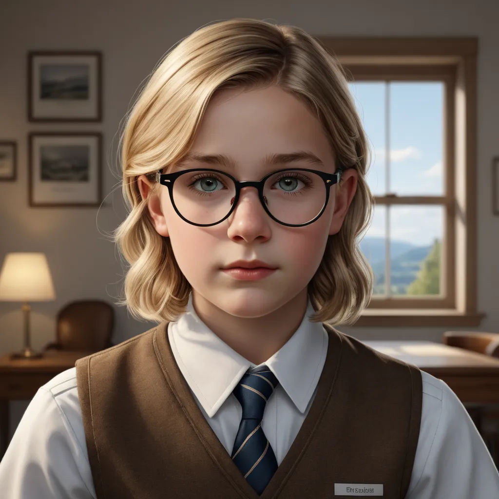 a young girl wearing glasses and a tie in a room with a window and a desk with a lamp, photorealism, a character portrait, Ada Gladys Killins, cgstudio