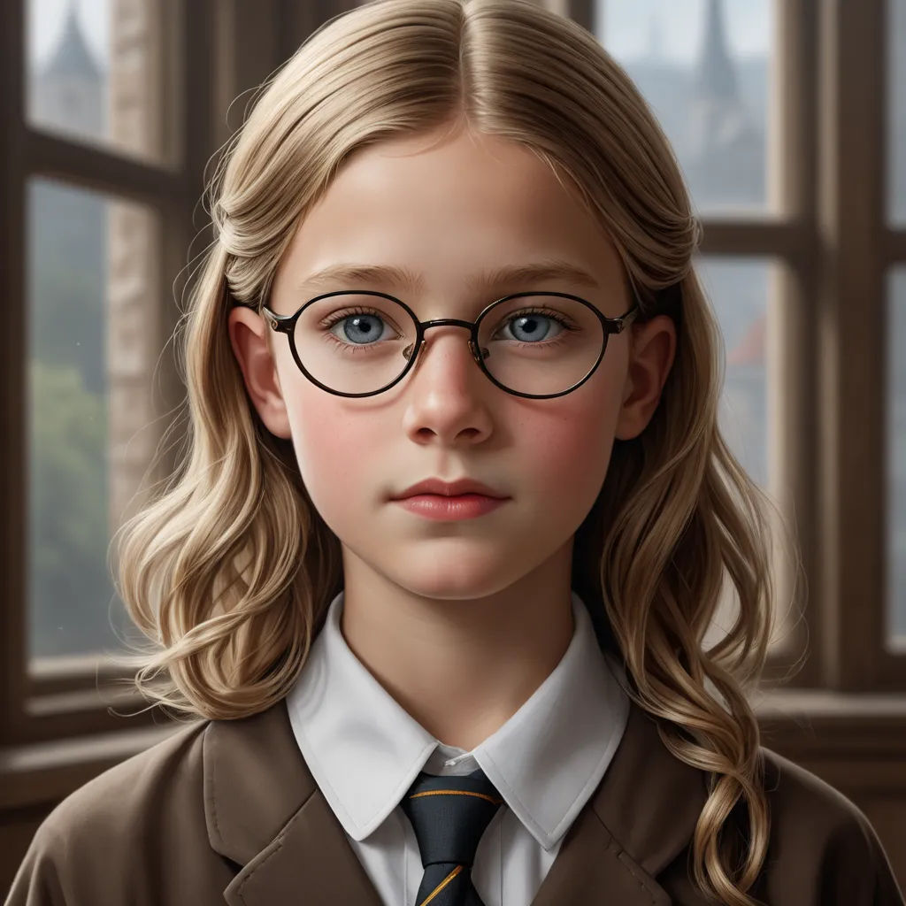 a painting of a young girl wearing glasses and a tie with long blonde hair and a brown jacket and white shirt, photorealism, an ultrafine detailed painting, Alejandro Burdisio, highly detailed digital painting