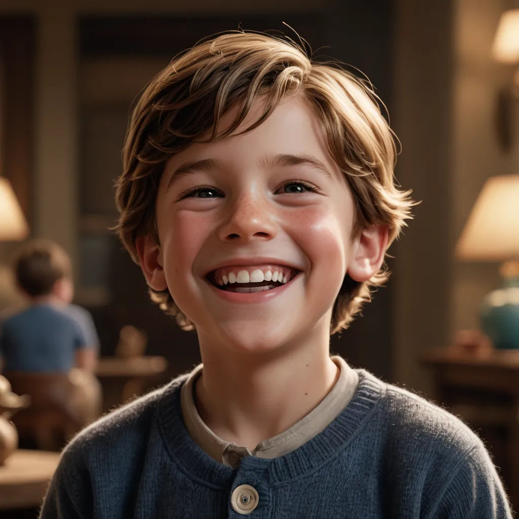 a boy smiling and wearing a blue sweater in a living room with a lamp on the wall and a person in the background, photorealism, a character portrait, August Lemmer, j. c. leyendecker 8 k