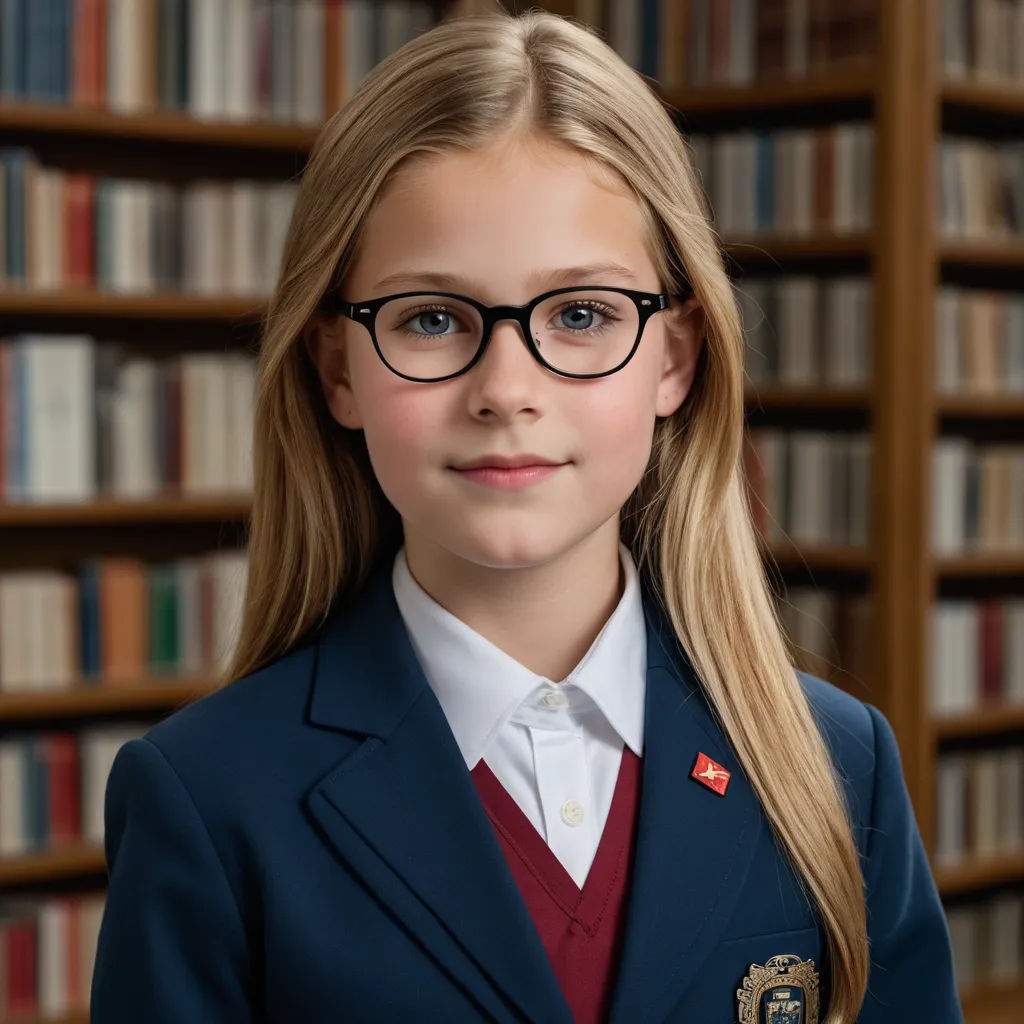 a young girl wearing glasses and a school uniform in front of a bookcase of books in a library, heidelberg school, a character portrait, Christian Hilfgott Brand, zeiss lens