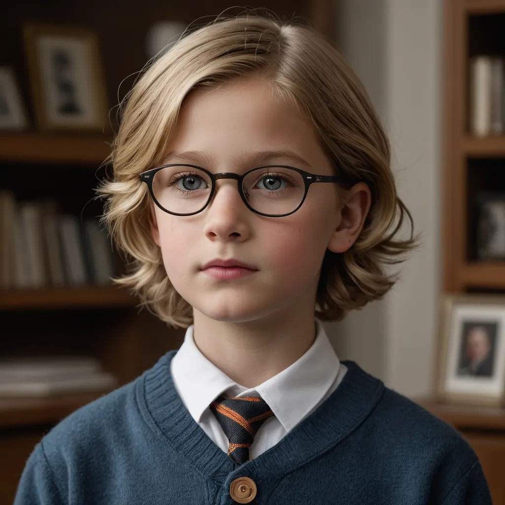 a young boy wearing glasses and a tie in front of a bookcase with books on it and a book case behind him, neoism, a computer rendering, Christian Hilfgott Brand, zeiss lens