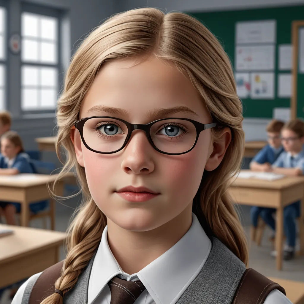 a girl with glasses and a tie in a classroom with other children in the background and a chalkboard, photorealism, a computer rendering, Claire Falkenstein, ultra realistic digital art