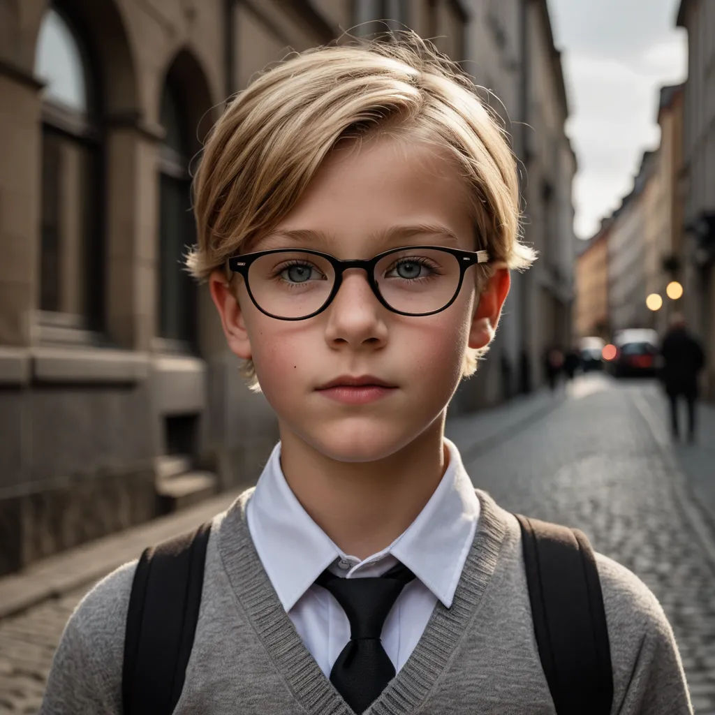 a young boy wearing glasses and a tie on a street corner in a city with buildings and cobblestones, neoism, a character portrait, Daniel Lieske, zeiss lens