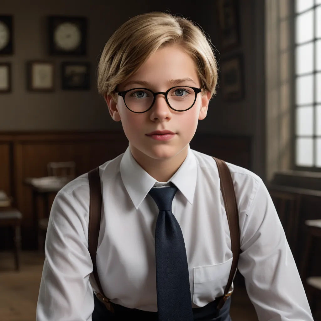 a young boy wearing glasses and a tie in a room with a window and a clock on the wall, heidelberg school, a character portrait, Caspar Wolf, glasses